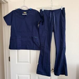 WonderFlex Scrub Set Blue Flare Pants Drawstring Pockets Medical Women Medium